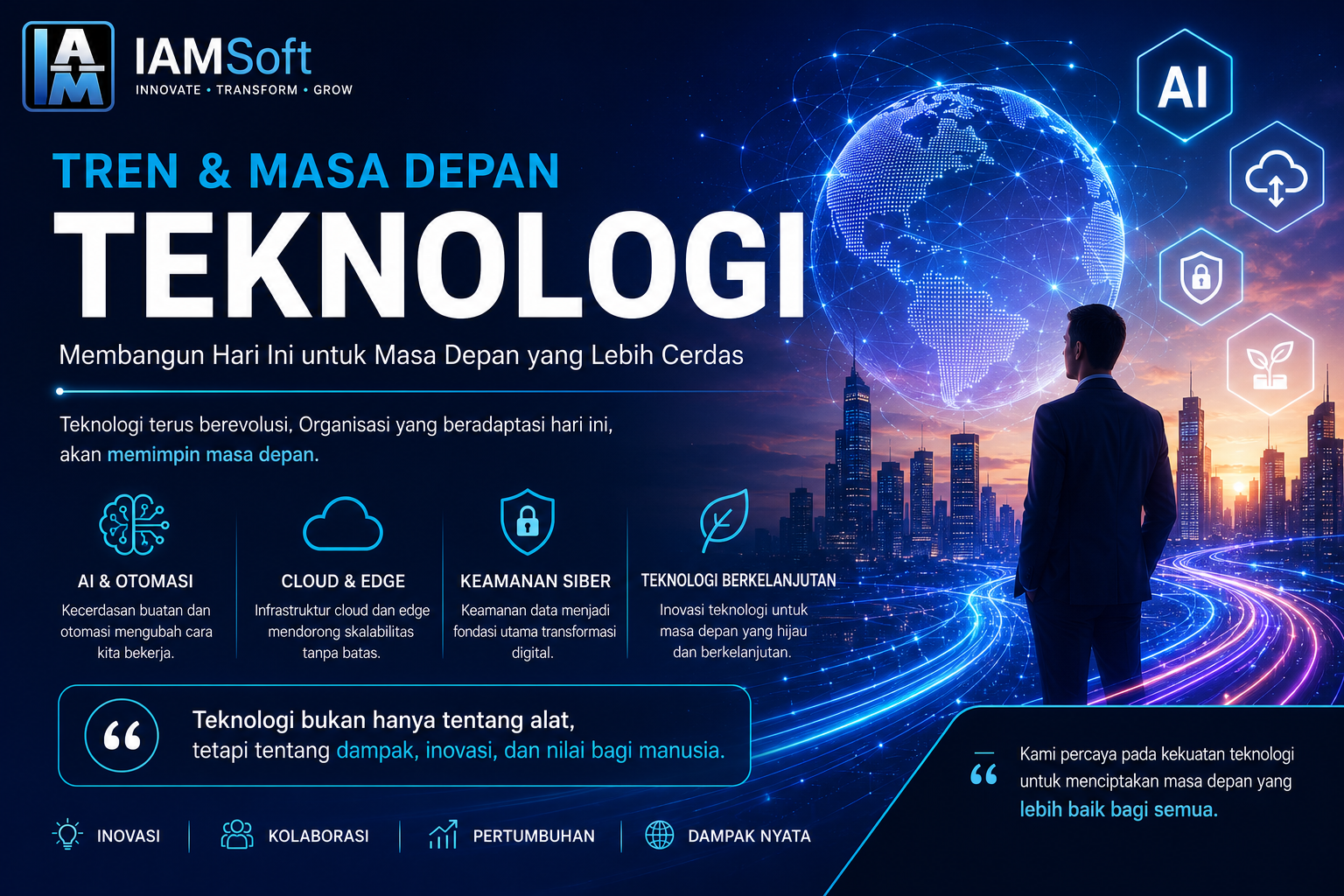 Tren dan Masa Depan Teknologi untuk Transformasi Digital Bisnis  Ilustrasi Artificial Intelligence, Cloud Computing, Cyber Security dan Smart City  Inovasi Teknologi Masa Depan untuk Dunia Bisnis  Teknologi Digital Modern yang Mengubah Industri  Future Technology untuk Transformasi Bisnis Indonesia  AI, Cloud, IoT dan Keamanan Siber sebagai Masa Depan Teknologi  Digital Innovation bersama IAMSoft  Masa Depan Teknologi dan Digital Transformation